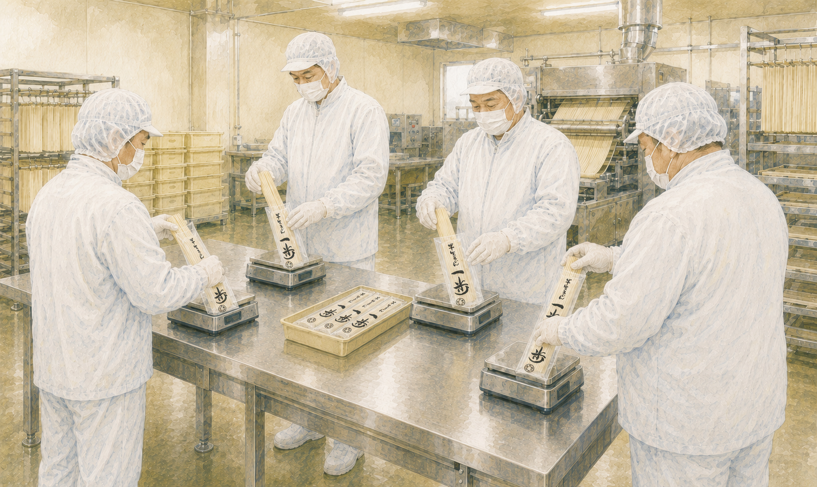 食品工場らしい製麺室で、体格や身長の異なる4人の男性が長テーブルを挟んで向かい合い、半生うどんを量って「一歩」の袋に詰めるイラスト