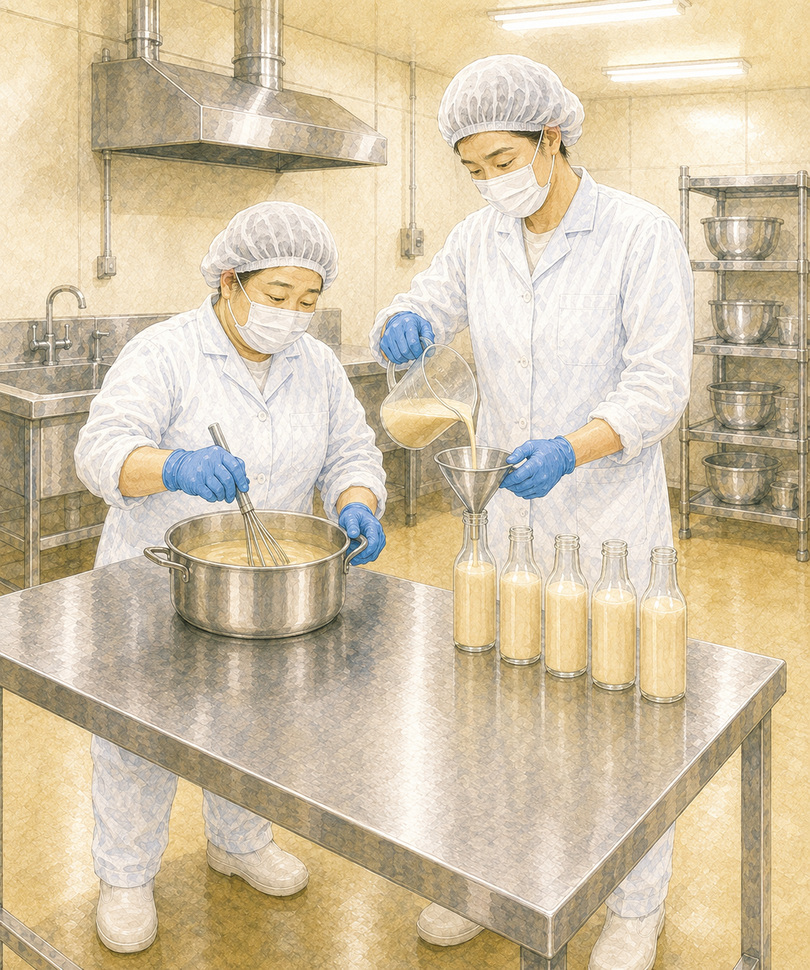 加工室で30歳代の2人が手作業でじゅうねんドレッシングを製造するイラスト